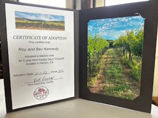 certificate with names and photo of vineyard